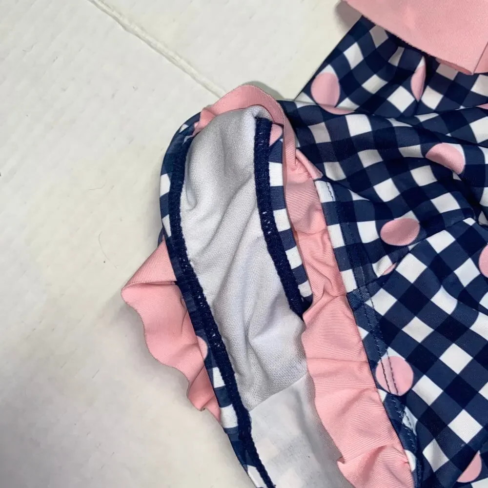 Andy & Evan Blue White Plaid Pink Ruffled One Piece Swim Bathing Suit Size 4T